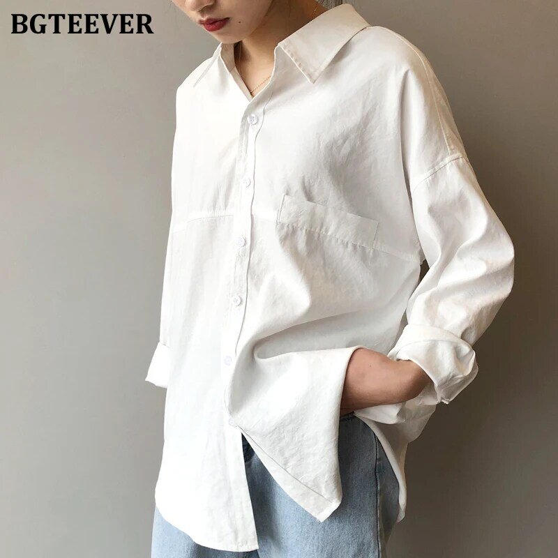Bgteever blusas femininas casuais para mulheres, camisas brancas com botões para mulheres, blusas de manga longa para escritório e em cor sólida, 2021