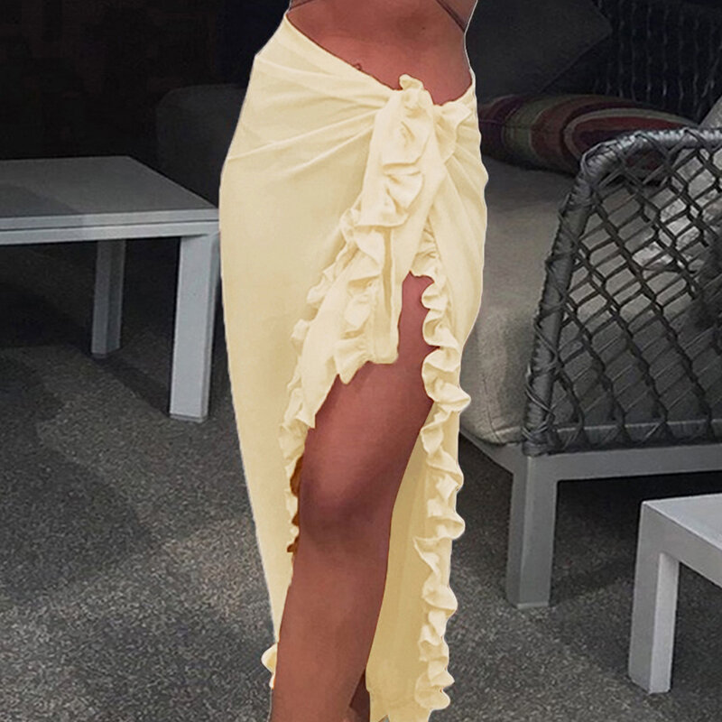 Ruffle Pantai Musim Panas Rok Panjang Wanita 2020 Sisi Split Putih Merah Hitam Pink Kuning Pinggang Elastis Pinggang Tinggi Rok Pakaian
