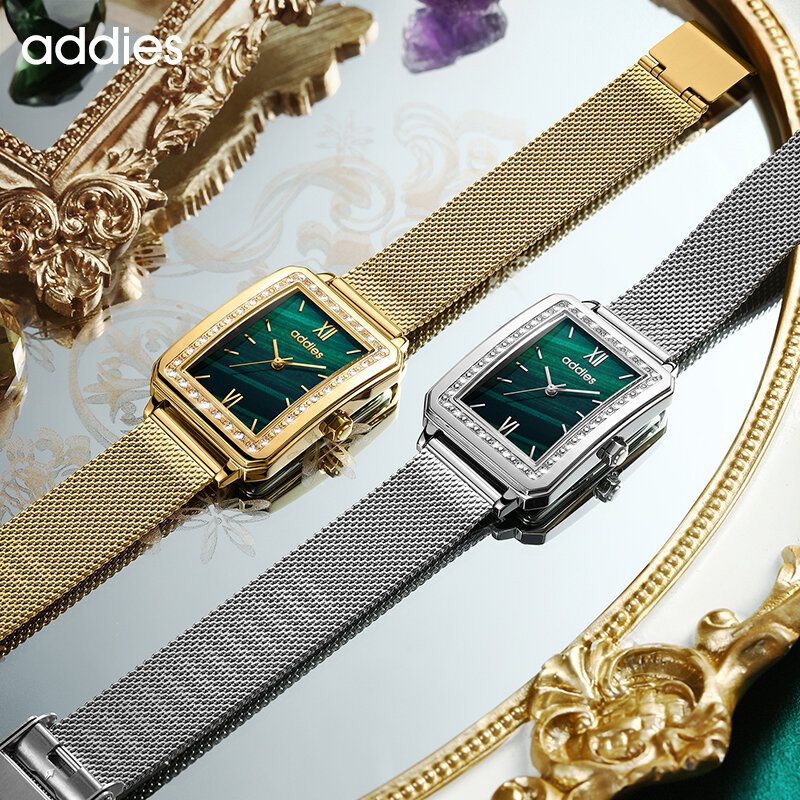 Addies relógios femininos moda praça senhoras relógio de quartzo aço inoxidável dial verde simples rosa malha ouro luxo relógios femininos
