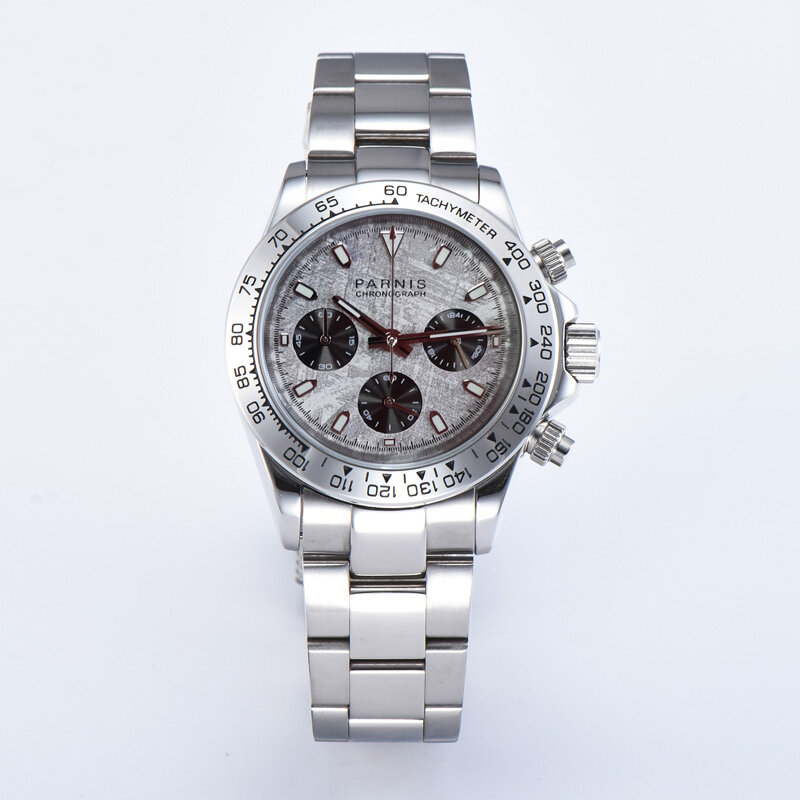 Nova chegada parnis 39mm prata caso quartz chronograph relógio de vidro safira pulseira aço inoxidável relógios masculinos topo marca luxo