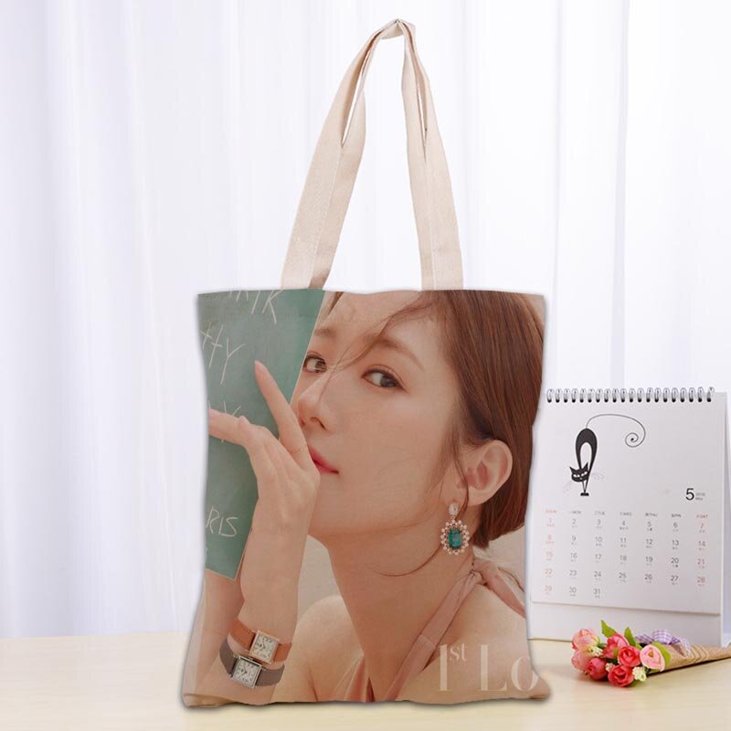 Bolso de mano personalizado Park Min Young, bolsas de hombro de tela de algodón para mujer, bolsas de compras reutilizables plegables ecológicas 1009