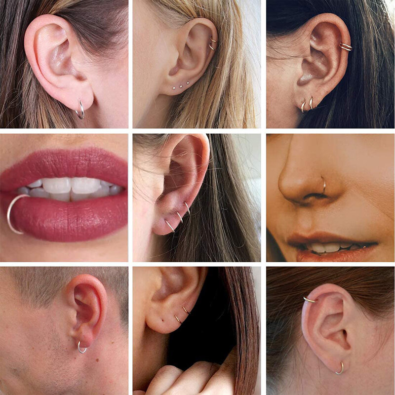 Pendientes de aro redondos simples para mujer y hombre, Piercing de oreja de hélice de cartílago, joyería de plata esterlina, 20G, 1 Prs/paquete