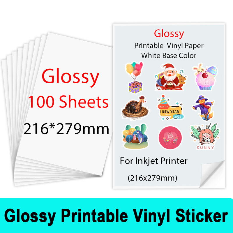 100 Vellen 216*279Mm Glossy Printable Vinyl Sticker Papier Zelfklevende Kopieerpapier Voor Inkjet Printer Diy ambachten Waterdichte Papier