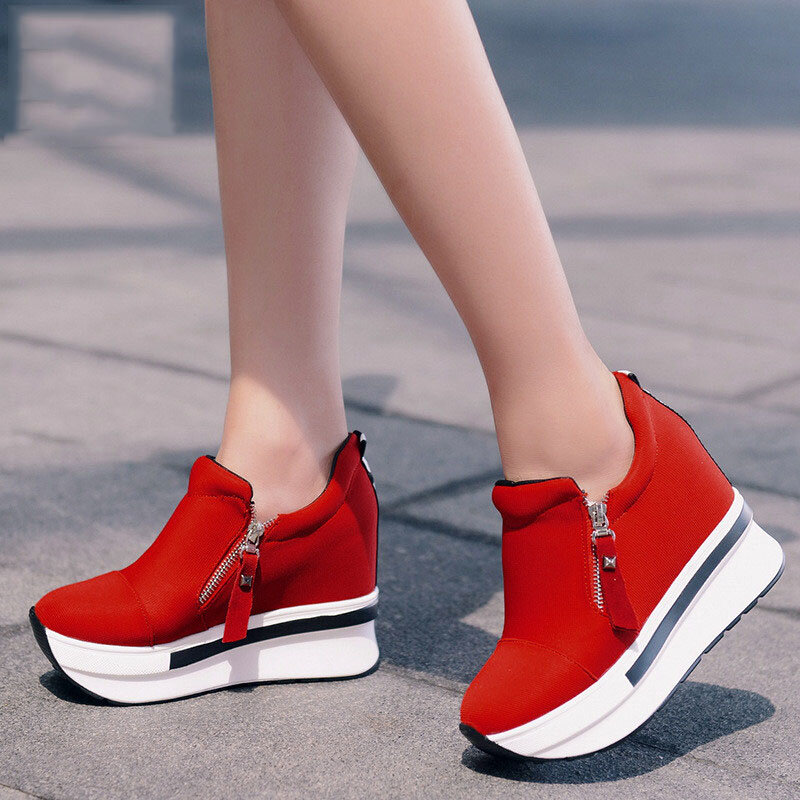Platformowe trampki damskie buty czerwone obuwie wygodne buty na platformie obcasy czarne tenisówki damskie niewidoczne klinowe tenisówki