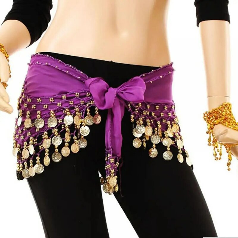 Lady Women Belly Dance Hip Scarf Akcesoria 3-rzędowa spódnica z paskiem ze złotymi monetami do tańca brzucha Łańcuszek do tańca dla dorosłych