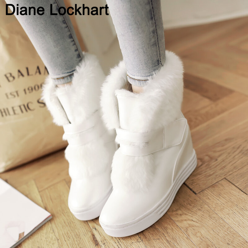 Damskie buty zimowe moda ukryte kliny ciepłe futrzane buty kobieta platforma med-łydki śniegowe buty promocja duży rozmiar 34-43