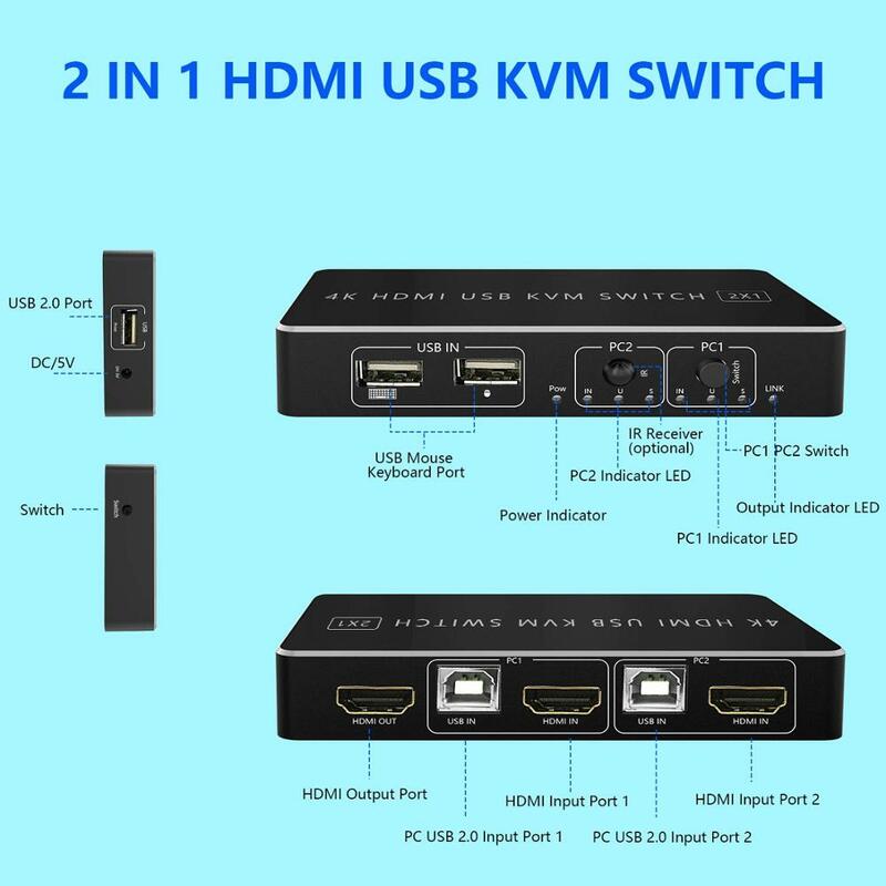 Przełącznik KVM HDMI 2 Port Box, UHD 4K (3840x2160) i 1080P 3 tryby przełączania obsługiwane, 3 USB 2.0 Hub na klawiatura z myszką drukarki szt
