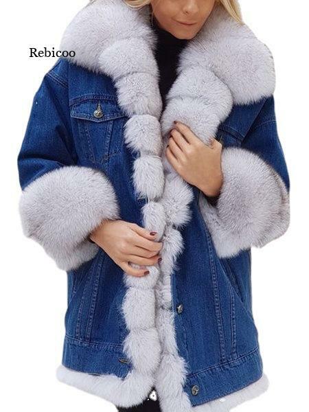 Inverno feminino denim casaco de pele parka jaqueta feminina casaco de pele de raposa grosso quente casaco de pele parka 5xl