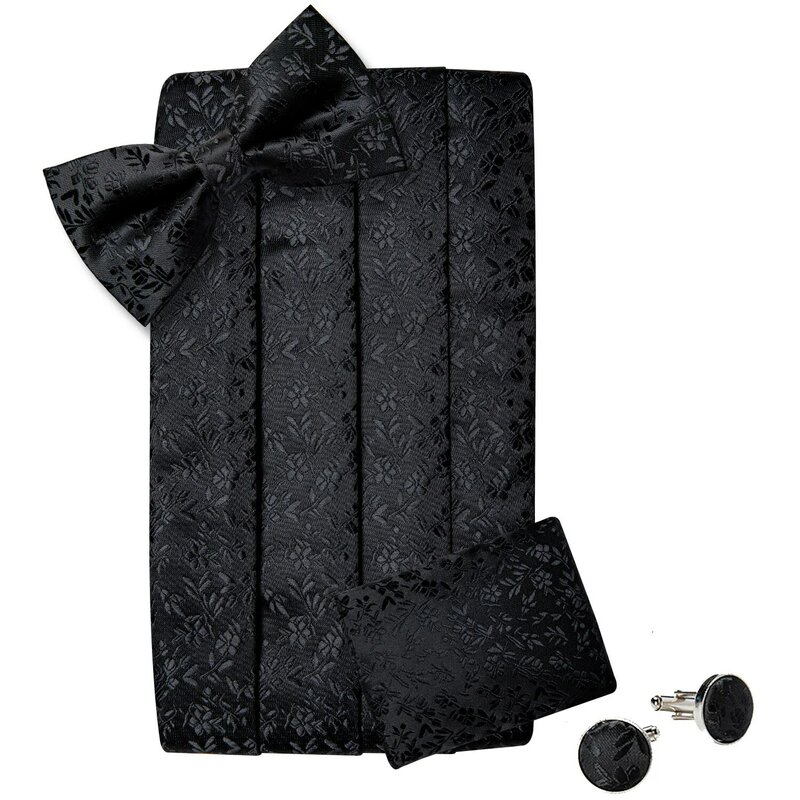 Black Floral Silk Wedding Men's Cummerbunds Bow Tie Brooch Set Tuxedo Formal Wide Belt Ceremonial Belt Elastic Waistband DiBanGu