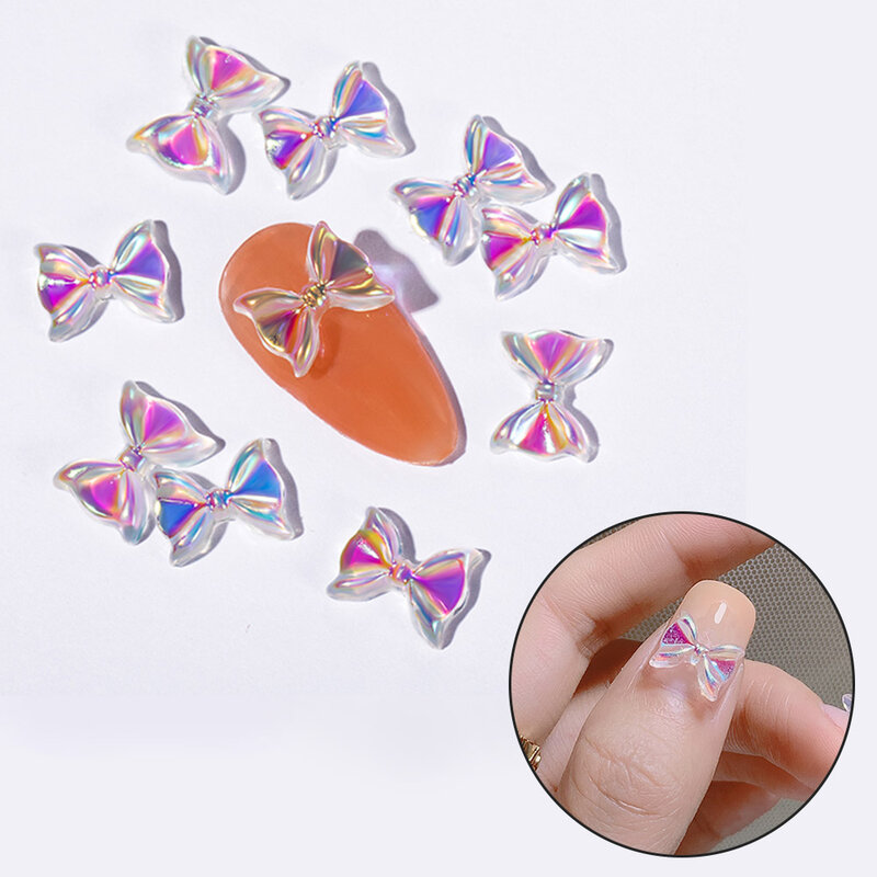 100 buah campuran seni kuku busur 3D seni kuku dekorasi Glitter kupu-kupu Aurora warna AB kristal DIY kuku berlian imitasi aksesori