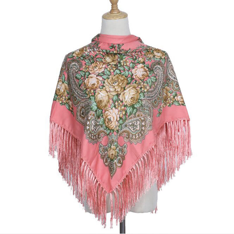 Chal de algodón con estampado Retro para mujer, bufanda con borlas de estilo étnico ruso, cálida para otoño e invierno