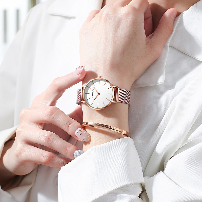 Crrju moda casal relógio japão movimento simples à prova dsimple água rosa ouro malha de aço inoxidável relógio de quartzo masculino relogio
