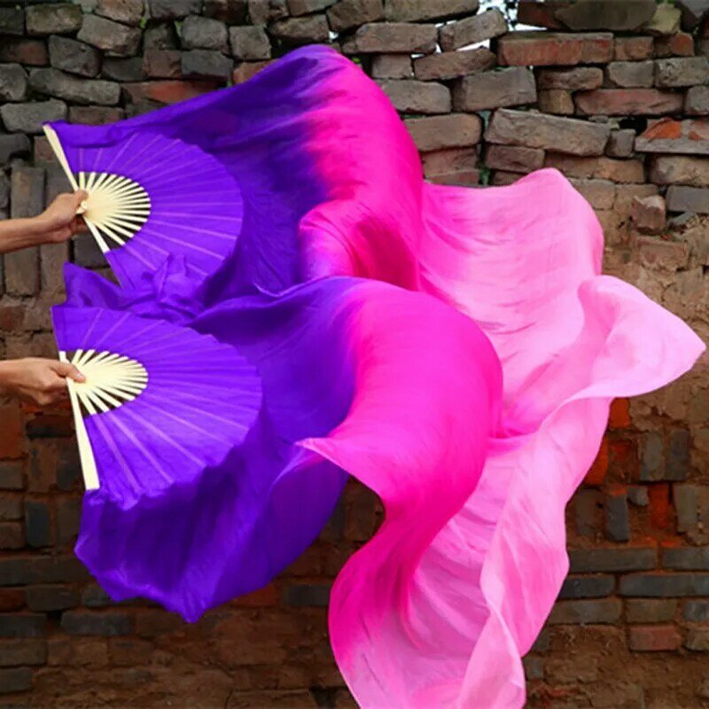 120cm/150cm/180cm Pure Silk Belly Dance Fan Veil Chinese Bamboo Folding Fan 1Pair(1L+1R) Gradient Color Silk Fan Veils Hand Dyed