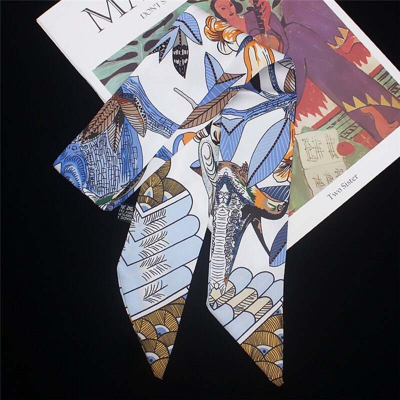 Bufanda de seda con estampado de aves para mujer, pañuelo de moda para bolso, corbata larga delgada, cinta para el pelo, MQ11