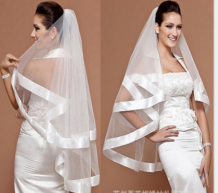 Atacado simples tule véus de casamento duas camadas borda da fita acessórios de noiva branco marfim acessórios de casamento