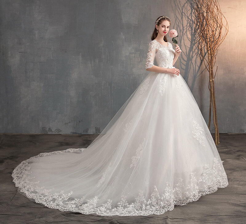 Новинка 2023, свадебное платье с V-образным вырезом и коротким рукавом, длинное кружевное свадебное платье со шлейфом и вышивкой, элегантное женское платье