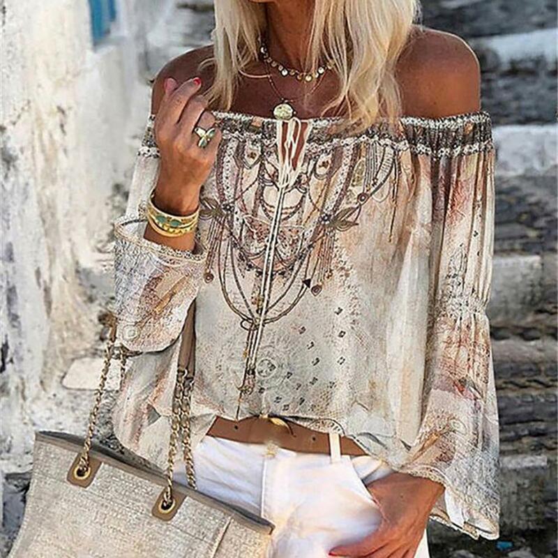 Women Chiffon Blouse Long Sleeve Off Shoulder Floral Print Hollow Out Lace Up Tops Shirts Female Blouses Sexy Casual Tops