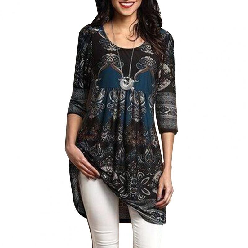 2021 modna damska bluzka cyfrowa czarna drukowana poliestrowa długa koszula duża Hem 3/4 rękaw bluzka damska i Top odzież damska