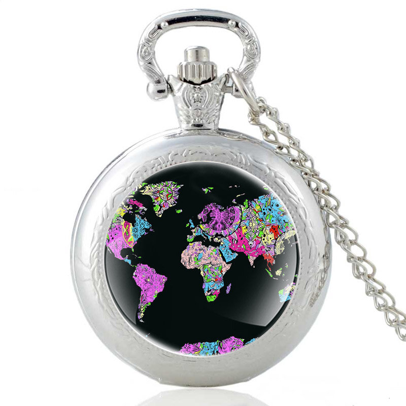 Clássico mapa do mundo padrão relógio de bolso de quartzo vintage masculino feminino cúpula de vidro único pingente colar horas relógio acessórios presentes