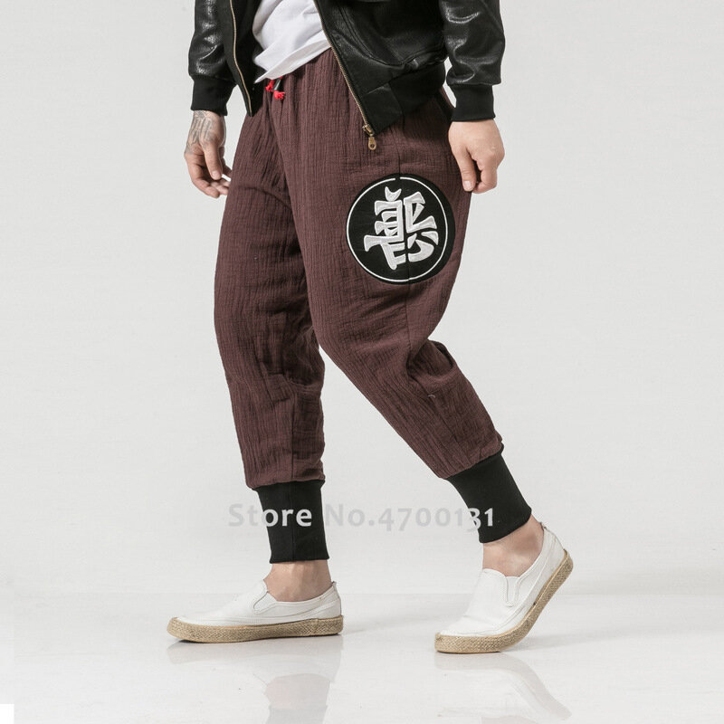 Pria Jepang Harajuku Kasual Celana Gaya Cina Kung Fu Bordir Kapas Linen Celana Olahraga Luar Ruangan Harem Celana Streetwear
