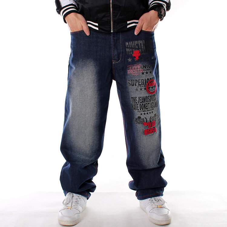 Modne modne jeansy hip-hopowe haftowane luźne dorywczo Plus Size deskorolka długie spodnie męskie spodnie do tańca