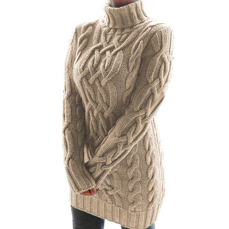 Осенне-зимнее вязаное платье-свитер с длинным рукавом и воротником-хомутом