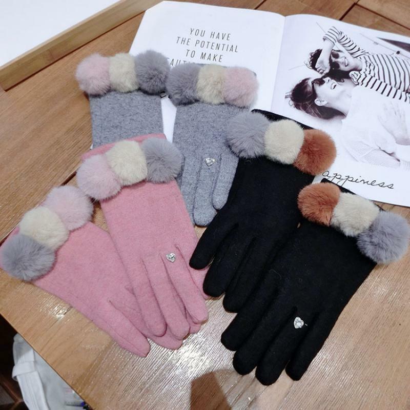 Imitation Mink Wool Ball Cashmere Gloves Korean Winter New Five-Finger Gloves Female Net Red Warm Thick Touch Screen Gloves