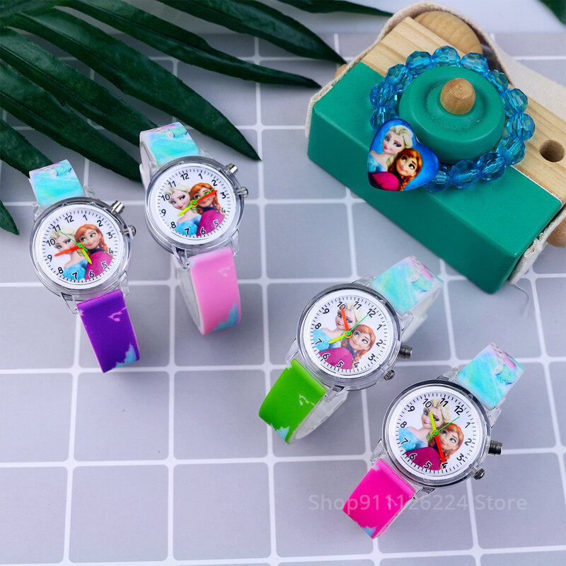 Relojes con luz Flash de dibujos animados para niñas, pulsera con correa de silicona, princesa Elsa, reloj infantil