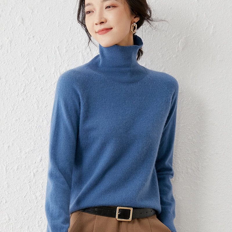 Sweater Turtleneck Wanita Musim Gugur dan Musim Dingin Versi Korea Baru Sweter Wol Longgar Warna Murni Kaus Rajut Bottoming Liar Sederhana