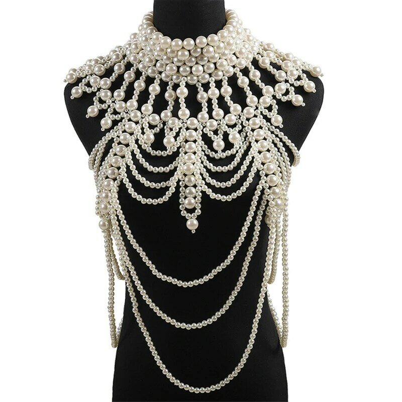 Wanita Imitasi Mutiara Manik-manik Rantai Bodi Selendang Perhiasan Buatan Tangan Kalung Kerah Palsu Mewah Mewah Berlapis Dekorasi Rompi Kostum