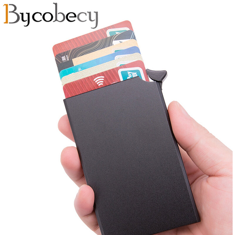 Bycobecy nazwa niestandardowa etui na dowód osobisty aluminiowy pojemnik RFID uchwyt na karty antykradzieżowe automatycznie biznesowe etui na karty kredytowe