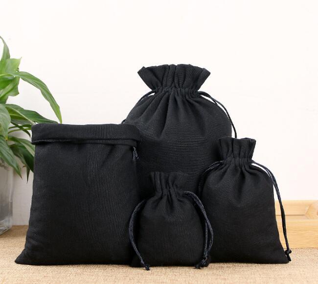 50 pcs/Lot noir coton toile sacs grand cordon cadeau pochettes emballage sac maison organisateur stockage sacs Logo personnalisé impression