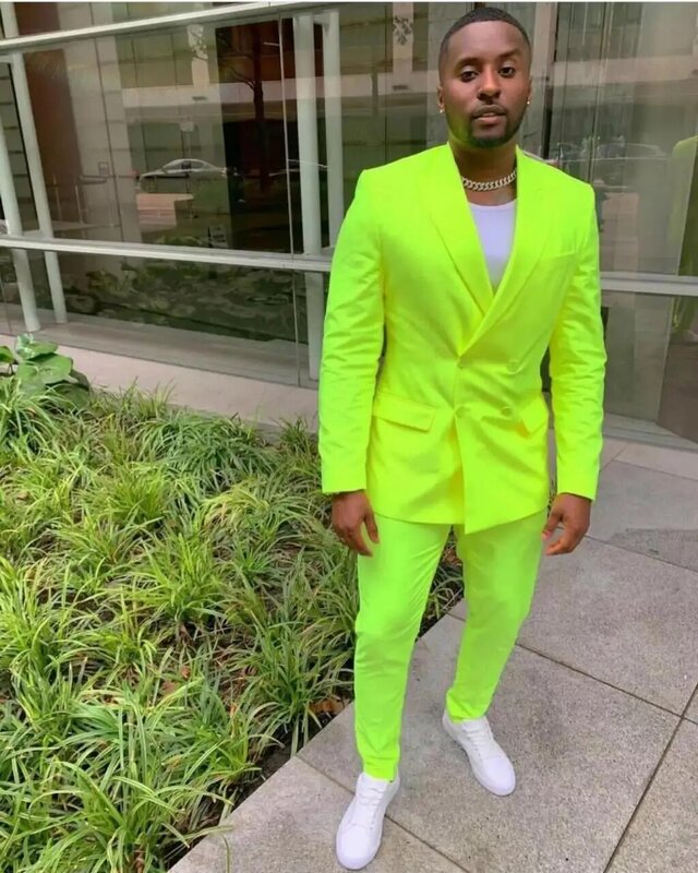 Traje de esmoquin verde fluorescente para hombre, ropa de novio, traje de boda, solapa de pico, ajuste Delgado, chaqueta y pantalón Masculino