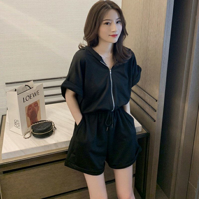 Macaquinho moda coreana verão casual cor sólida peça única cintura manga curta com capuz