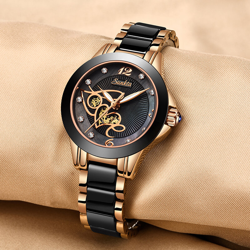 サンクタ-女性用耐水性腕時計,高級ブランド,ブラックセラミックダイヤモンド,クォーツ