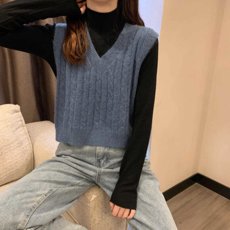 Rompi Sweter Kerah V Warna Solid Mode Korea Wanita 2023 Atasan Jumper Wanita Pullover Pendek Rajutan Tanpa Lengan Twist Musim Semi Musim Gugur