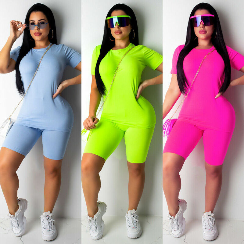 Tuta Fitness donna Sport Set palestra Neon T-shirt top pantaloncini abiti da allenamento abito estivo donna donna Casual Set da 2 pezzi