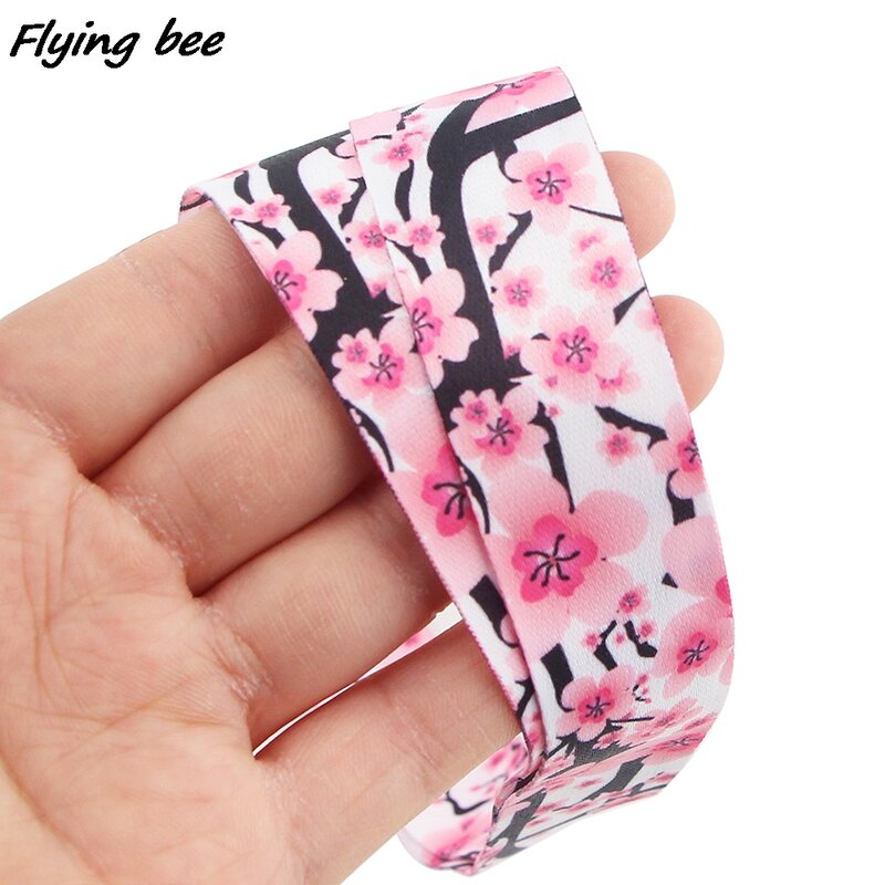 Flyingbee-Llavero con pintura en flor de cerezo rosa, correa para el cuello para teléfono, llaves, tarjeta de identificación, cordones creativos, X1331