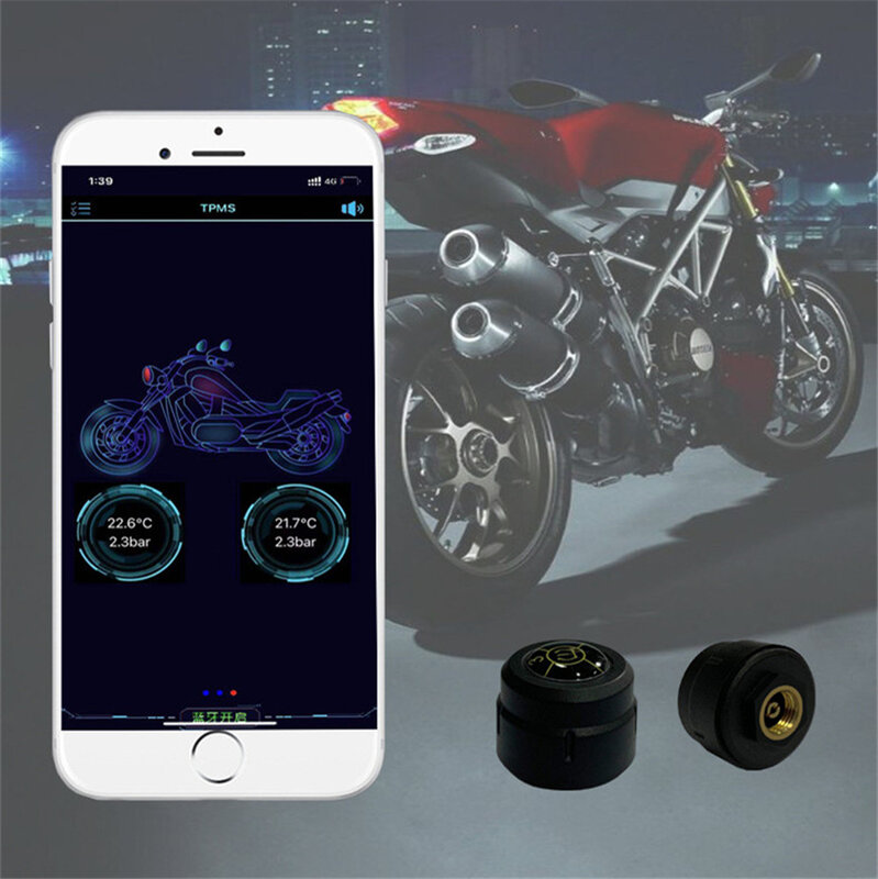 Sistema de monitoramento de pressão de pneus para motocicleta tpms bluetooth 5.0, 2 peças, sensor externo