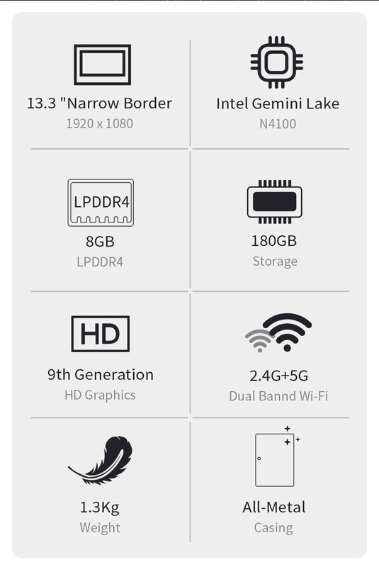 Jumper – pc portable EZbook X3 Pro, écran de 13.3 pouces, Ultrabook, Windows 10, processeur Intel Apollo Lake N4100, 8 go de RAM DDR4, SSD de 180 go