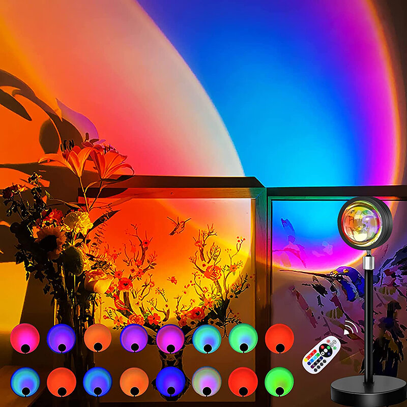 Проекционная лампа Sunset, ночник с радужной подсветкой и дистанционным управлением, 16 цветов, для спальни, вечеринки, подарок, домашний декор