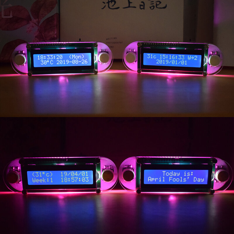 Efekt świec 1602 LCD Alarm wibracyjny zegarek DIY Kit czas temperatura data tydzień wielokolorowy ekran funkcyjny zestaw zegara cyfrowego