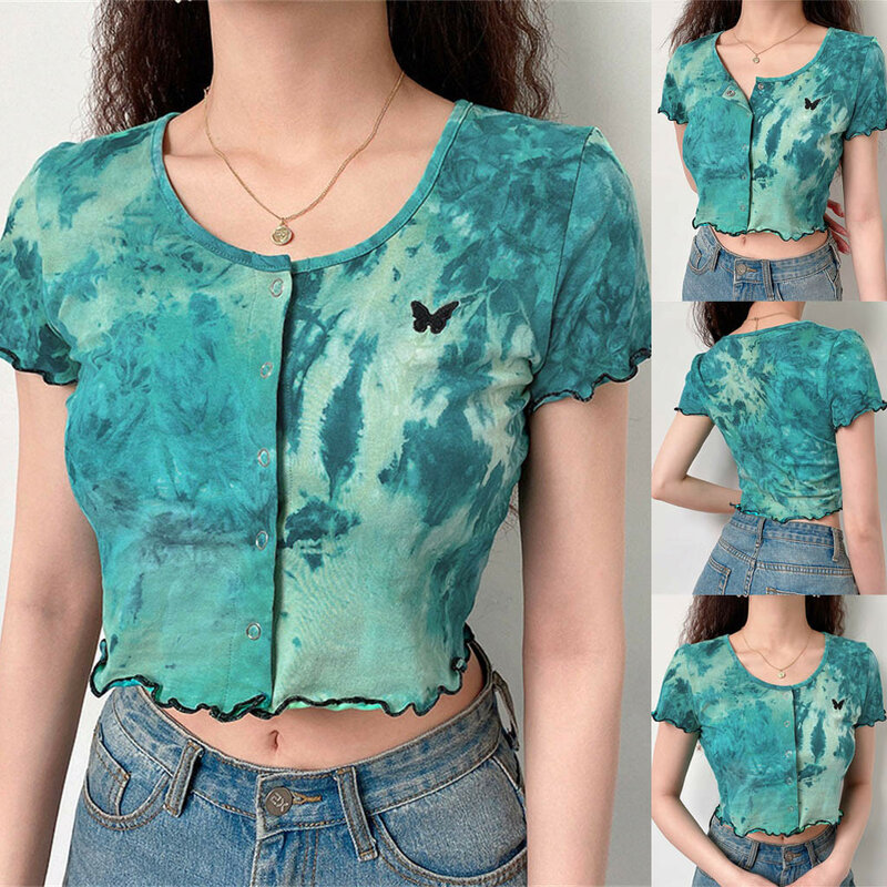 Sexy Fashion Women O-Neck Short Sleeve Butterfly Embroidery Ladies Short Top 2020
