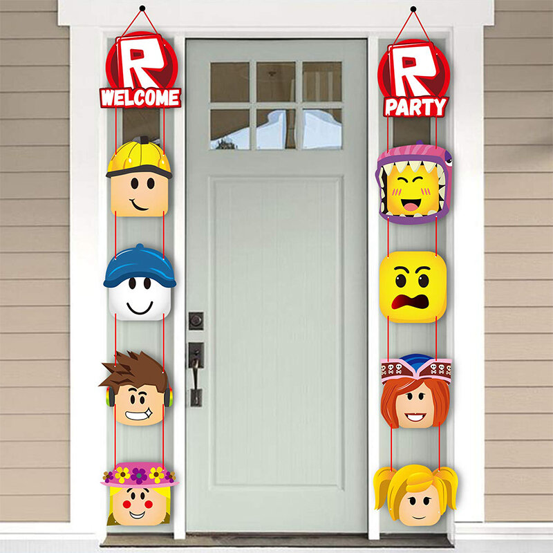 Pancarta colgante de puerta de bloques de Robot, adorno de bienvenida, Decoración de cumpleaños, colorido Tema de videojuegos, suministros de recuerdo de fiesta para niños