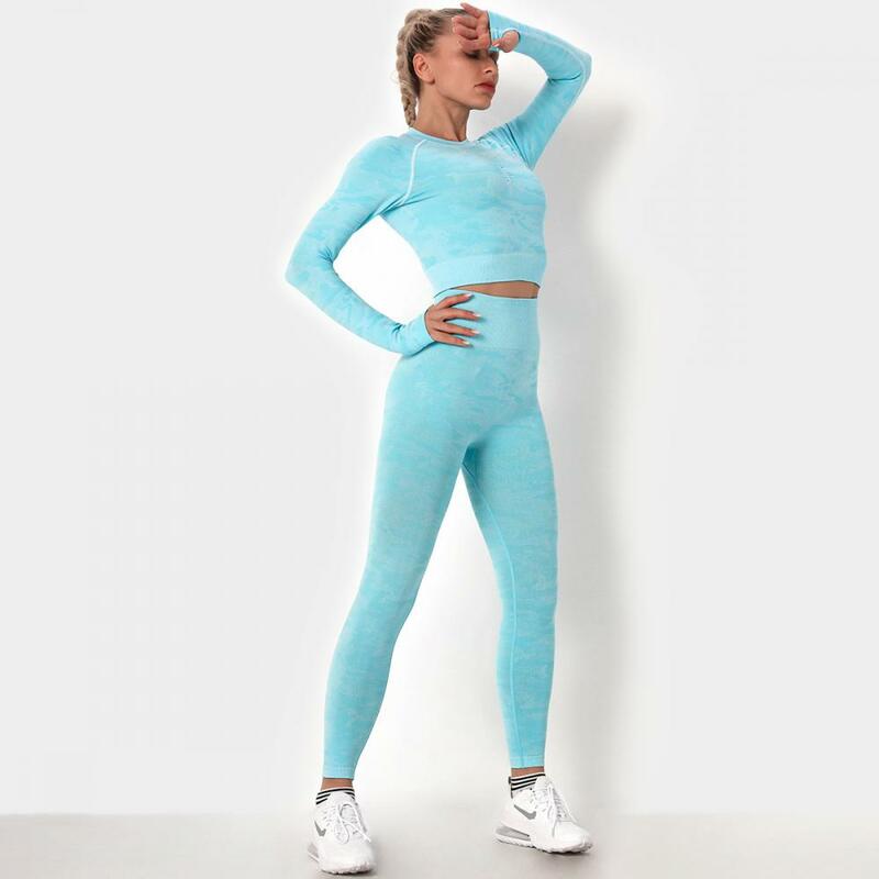 Seamless Gym Sports 2Pcs Yoga Set Suit Women Seamless Leggings Push Up Crop Top Women Long Sleeve Top Workout Clothes Sportswear