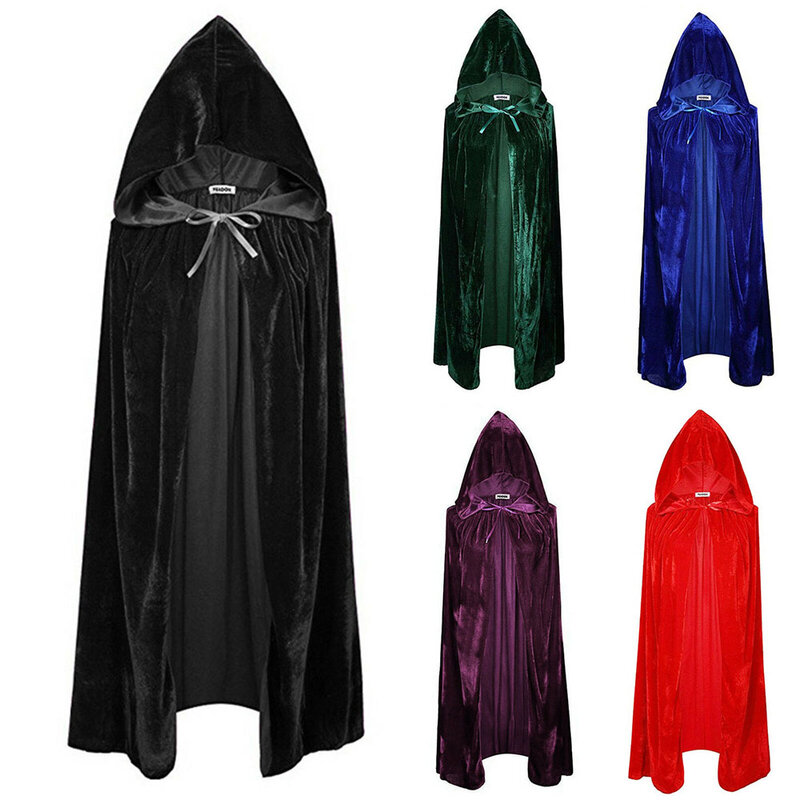 Capa de terciopelo con capucha para adultos, traje Medieval de bruja, vampiro, longitud completa, 5 colores