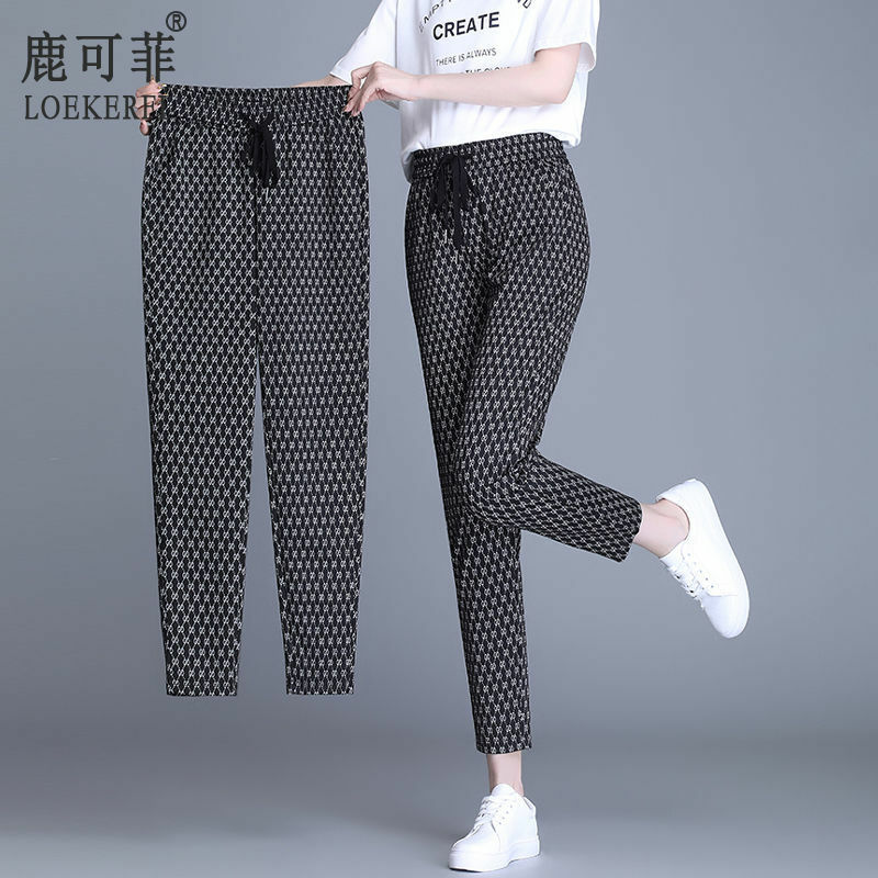 Pantalon sarouel d'été à carreaux pour femmes, taille élastique, bas, taille haute, décontracté, ample, grande taille