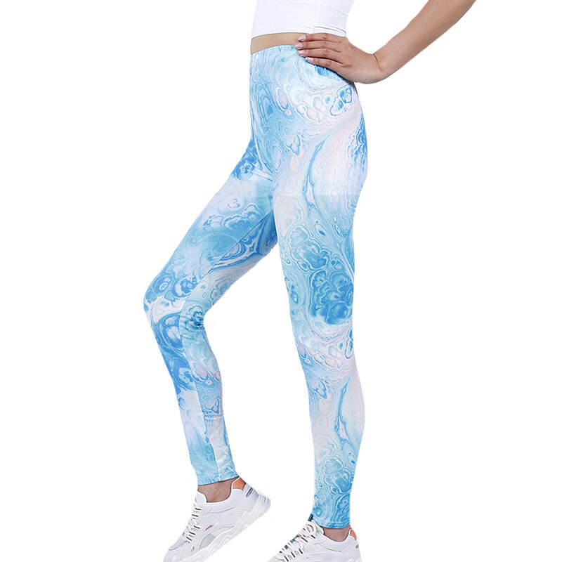 Yrrety leggings das mulheres calças de yoga roupas esportivas de fitness ginásio cintura alta empurrar para cima gradiente céu azul treino activewear