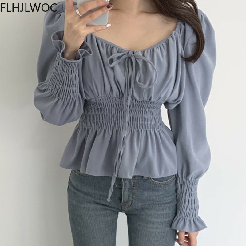 Blusas coreanas elegantes con hombros descubiertos para mujer, Blusas cortas con lazo de Color liso, cintura ajustada, línea A, para el vientre Peplum, primavera 2021