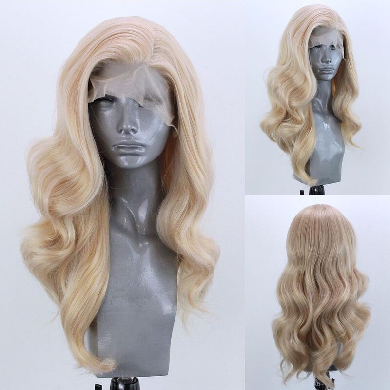 Perruque synthétique longue blonde ondulée pour femme, perruque avant en dentelle, perruque blonde dorée, perruque Drag Queen